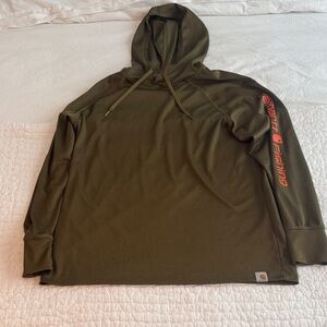 Carhartt Olive Hoodie with Vibrant Orange Sleeve Design
